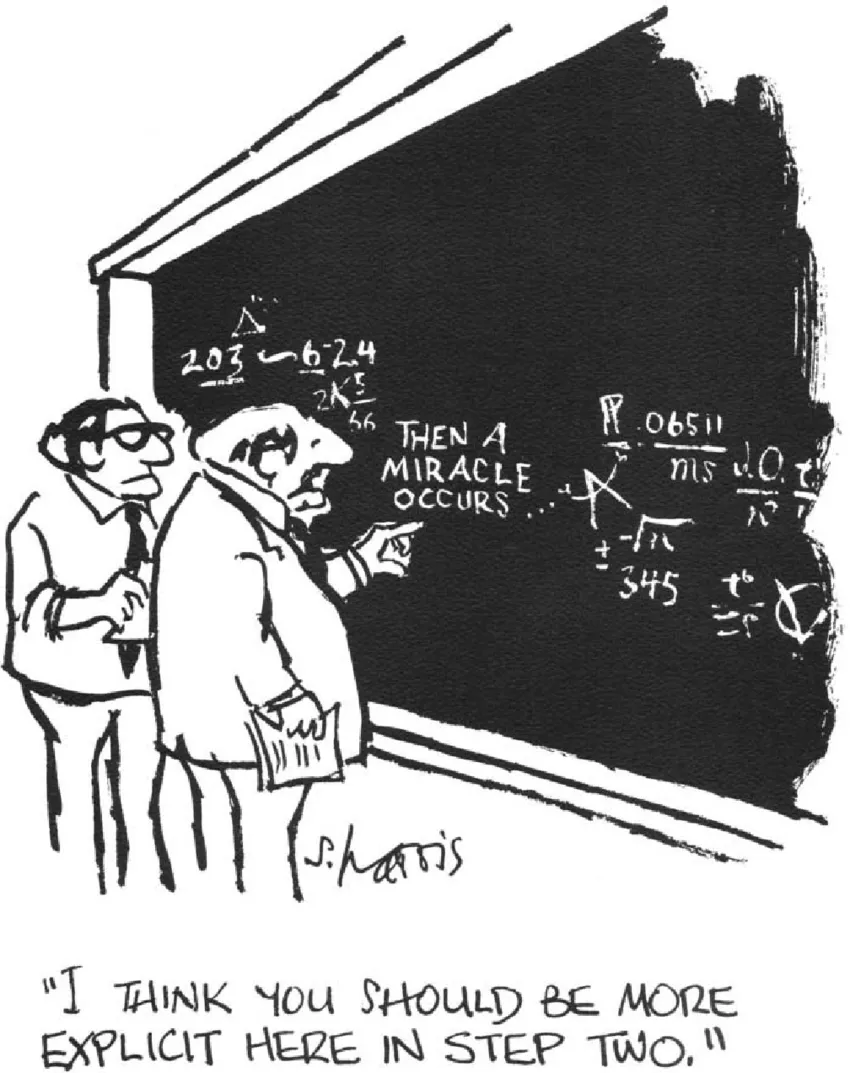 Two scientists at a blackboard covered in equations; the middle step reads "Then a miracle occurs." The caption: "I think you should be more explicit here in step two."